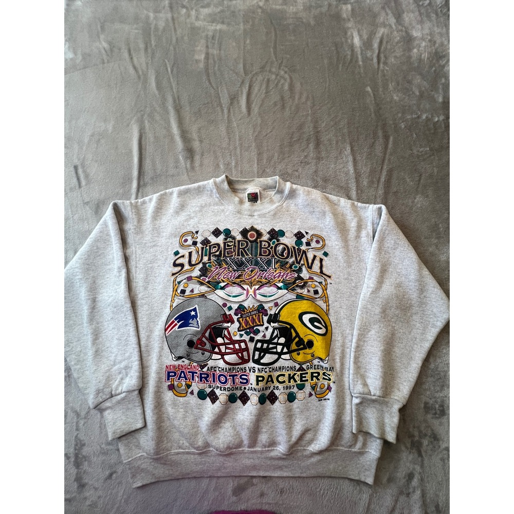Fruit of the Loom Sweatshirt Mens Large Gray Super Bowl XXXI Patriots vs Packers